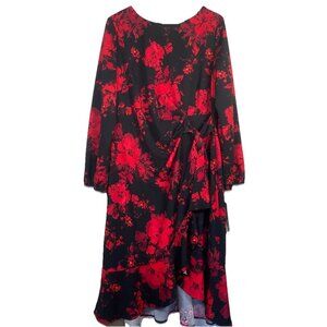 Adorne Dress Women's 16 W Red Black Floral Side Tie Ruffle Party Holiday Wedding